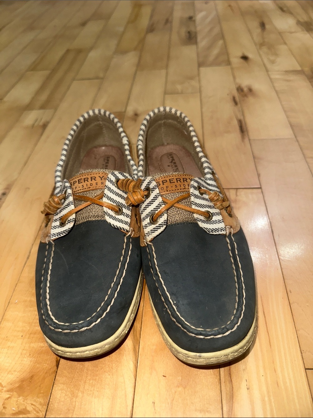 Sperry Navy Leather Boat Shoes with Tan Trim